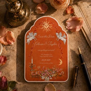 May include: An arched Save the Date card in burnt orange featuring a sun illustration, two winged horses, a candle, a crescent moon, and a floral arrangement. The text reads: Save the Date, Olivia & Taylor are getting married!, 123 Anywhere St., Any City, ST 12345, 24.95.2027, Formal invitation to follow.