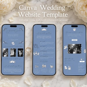 Könnte beinhalten: Drei Smartphones zeigen eine blaue Canva-Hochzeitswebsite-Vorlage mit weißem Text, Blumenillustrationen und Schwarz-Weiß-Fotos. Ein goldener Verlobungsring liegt zwischen dem ersten und zweiten Telefon, umgeben von weißen Blütenblättern.