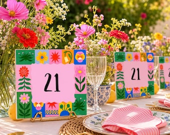 Plantilla de Canva para tarjetas de números de mesa con motivos de arte popular / Fiesta de boda botánica colorida en el jardín / Descarga instantánea imprimible y editable