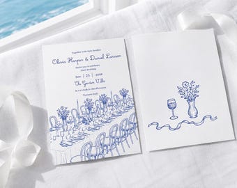 Tuscan Blue Line Art Wedding Invitation Suite Canva Template Editable Printable Instant Download Italy Wedding