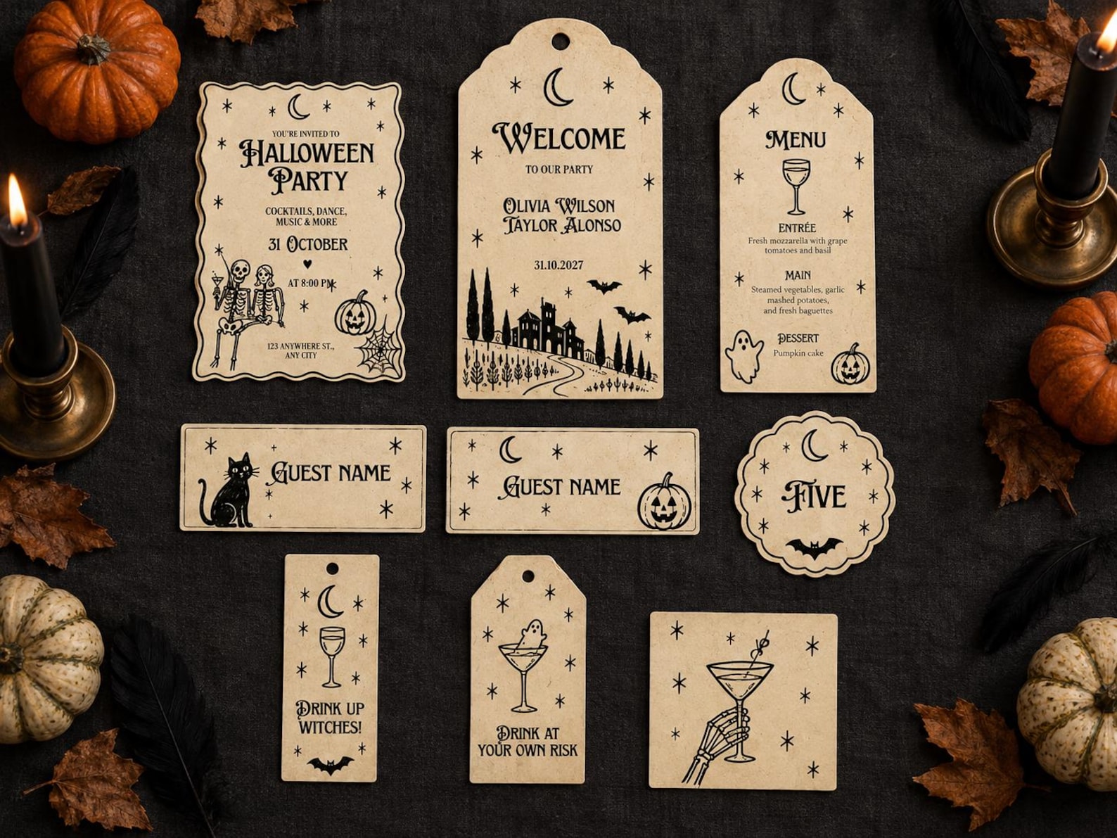 Place Cards from a Coordinated Party Stationery Set Vintage-style Halloween stationery preview including signs, menus, tags and place cards.
