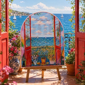May include: An arched wedding seating chart sign featuring a colorful impressionist painting of a balcony overlooking the sea. The sign displays the text Find Your Seat with four columns of guest names listed under Table 1, 2, 3, and 4 headings.