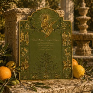 May include: A rectangular green wedding invitation with a scalloped top edge, featuring gold illustrations of classical figures, horses, and a tree. The text reads Olivia Wilson & Taylor Hanson, together with their families, Saturday, September 14, 2024.