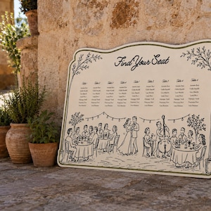 May include: A rectangular cream-colored wedding seating chart sign with a decorative border and the text "Find Your Seat". The sign features black line art illustrations of guests at round tables, a couple dancing, and a musician playing a bass.