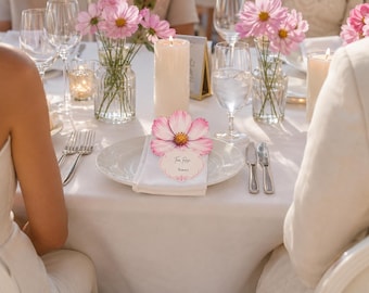 Modèle Canva de marque-place pour mariage | Découpe de fleur de cosmos rose | Carte de nom modifiable à imprimer instantanément