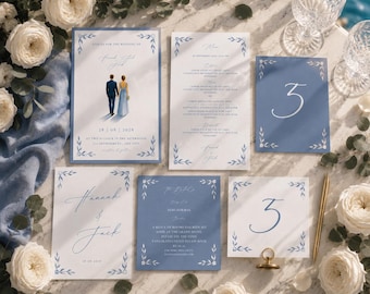 Luxury Blue Wedding Invitation Suite Bundle 8 Piece Canva Template Editable Printable Instant Download French Botanical