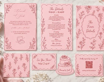 Blush Pink Wedding Invitation Suite Canva Template 7 Piece Editable Printable Instant Download Romantic Floral Scalloped Border