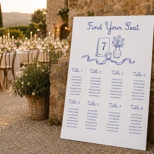 May include: A white rectangular wedding seating chart sign with blue text and illustrations. The sign features the heading Find Your Seat, a drawing of a table number card and flowers, and a list of eight tables with names printed in blue ink.