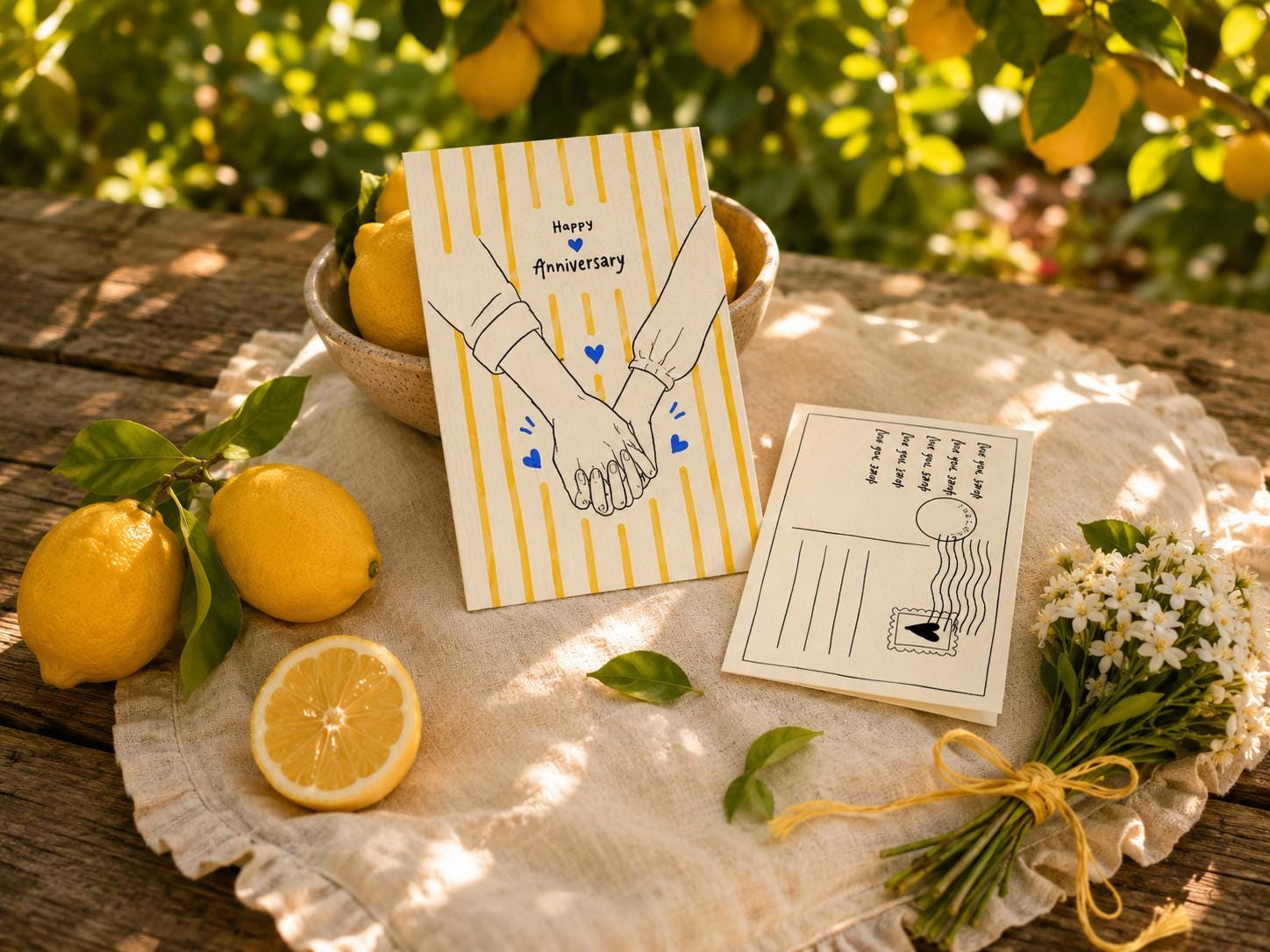 Happy Anniversary Card Canva Template Cute Holding Hands Yellow Stripe Doodle Editable Printable Instant Download Minimalist Love Card
