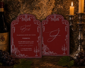 Invito di nozze in stile bordeaux per ricchi, modello Canva / Stampabile vintage italiano / Elegante invito modificabile color rosso scuro