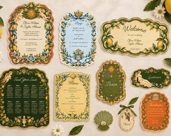 Modèle Canva pour suite de mariage Renaissance italienne, 10 pièces : invitation, menu, plan de table, marque-place, motif chérubin citron, modifiable et imprimable