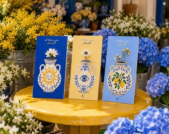 Carte personnalisée avec vase grec, motif céramique méditerranéenne, porte-fleurs personnalisé avec nom, cadeau Santorin à imprimer, téléchargement numérique