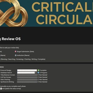 May include: A digital document labelled "Scoping Review OS" against a dark backdrop. The header reads "CRITICALLY CIRCULAR" in gold. The document contains sections for review details and progress, with checkboxes and progress bars.