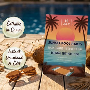 Może przedstawiać: Prostokątne zaproszenie z grafiką plaży o zachodzie słońca, palmami, ręcznikiem i napojem kokosowym. Tekst zawiera napis Sunset Pool Party, You're Invited To Join The Fun, Saturday July 15th 7 PM, 454 Sunny Shore Lane, Sewickley, RSVP To Diane On [Phone Number].