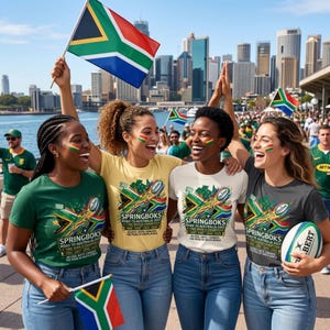 以下が含まれることがあります： SPRINGBOKS ROAD TO AUSTRALIA 2027 A TIME WORLD CHAMPIONS 1995-2007-2019-2023 BELIEVE, UNITE, CONQUER, THE PRIDE OF SOUTH AFRICAと書かれたTシャツを着た4人が、南アフリカの国旗とラグビーボールを持っている。