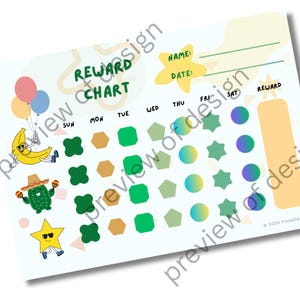 May include: A colorful reward chart with the text "REWARD CHART". It features cartoon illustrations of a banana with balloons, a cactus with maracas, and a star. The chart includes spaces for the name, date, and rewards.