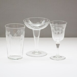 Vintage Liquor Cocktail Etched Bamboo by Noritake | 3 Mismatched glasses, cordial, tumbler & champagne