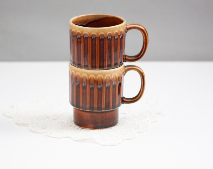 Vintage Stoneware Mugs, Stackable Made in Japan Two Coffee Cups Drip