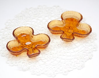 Vintage Pressed Glass Trinket Dishes, Club Shaped Tiara Sandwich Glass Amber- Set of 2