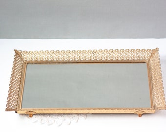 Vintage Rectangle Ornate Vanity Mirror Tray, Gold Toned