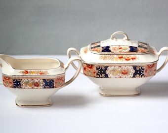 Vintage Wood & Sons "Napoli" Creamer and Lidded Sugar Bowl Set, Imari Style,  England, circa 1930's