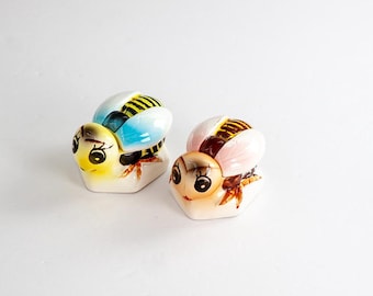 Vintage Anthropomorphic Bee Salt Cellars, Mid Century Ceramic Japan