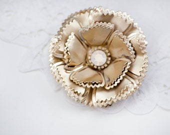 Vintage Gold Floral Brooch with Iridescent Center Costume Jewelry Rhinestone