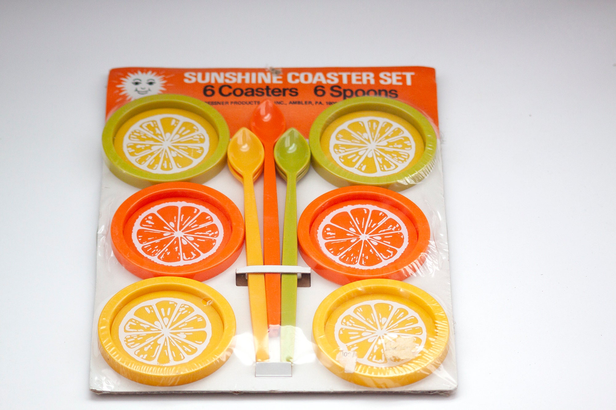 Orange Yellow Green 6 Coasters 6 Spoons VINTAGE • RETRO • Sunshine Coaster Set 1960s 1970s