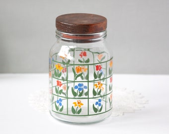 Vintage 1980s Anchor Hocking Nina Greenhouse Canister with Wooden Lid | Glass Jar with Floral Stencil