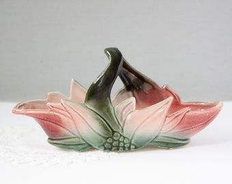 Vintage Poinsettia Embossed Pottery Basket Planter Pink Flower Green