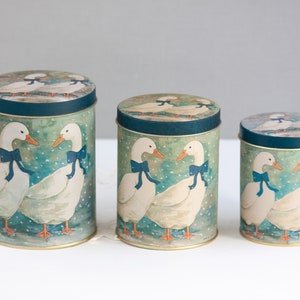 Vintage Canister Set, Winter Geese Blue and White Country Nesting Tins