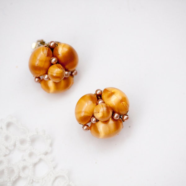 Vintage Clip on Beaded Cluster Earrings Satin Covered Made in Japan, Gold Satin Covered Beads