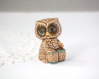 Vintage Owl Playing Drums Ceramic Figurine With Flower Eyes - Made in Japan