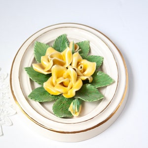 Porcelain Floral Dimensional Wall Hanging 3D Sculpted Flowers Wall Plaque 1949 Yellow Roses