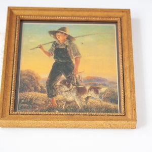 Vintage Framed Print Boy With Dog and Fishing Pole 