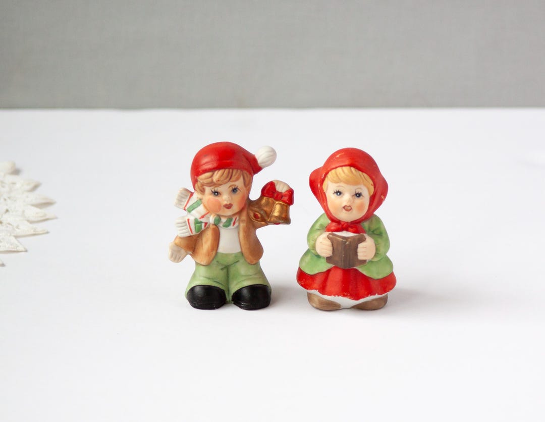 Vintage Christmas Figurines Boy Bell Ringer and Girl Christmas Caroler ...