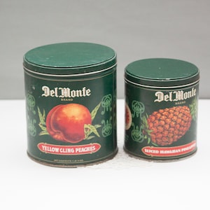 Vintage Delmonte Canisters Yellow Cling Peaches and Sliced Hawaiian Pineapple, Vintage Advertising Made in England by Sundara Industries