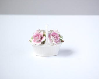 Vintage Royale Stratford Bone China Flower Basket | Pink Porcelain Roses Miniature Floral Basket