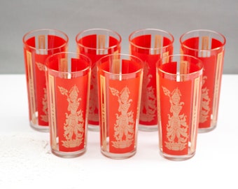 Vintage Red and Gold Thai Goddess, Culver Flared Highball Glasses | Mid Century Barware 7 Tumblers