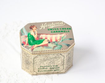 Vintage Heaton's Swiss Cream Caramels Tin London England Flapper Girl - Empty