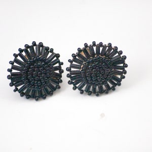 Antique Beaded Black Earrings, Round Screw Back Earrings Black