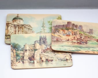 Vintage Set of Cork Backed Luncheon Sized Placemats or Trivets London Scenes | York, National Gallery & Durham