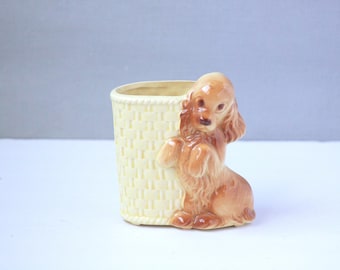 Vintage 50s Vase Spaniel Puppy & Basket Pottery Unmarked Ceramic