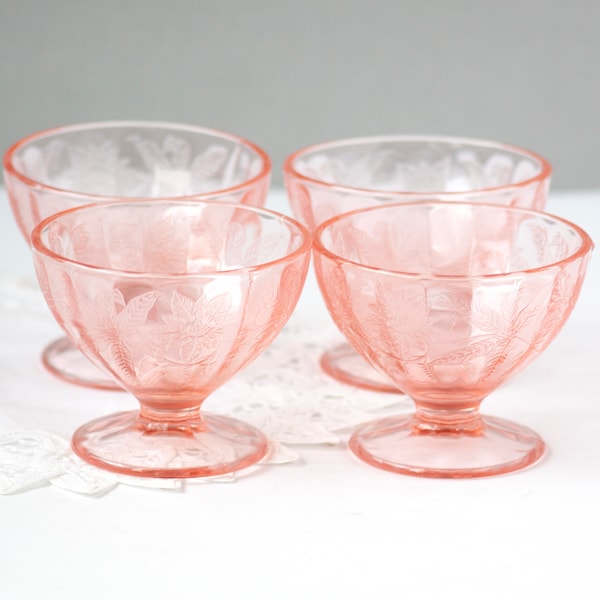 Vintage Pink Sherbet Cups Jeannette Glass Company Poinsettia Footed Dessert Cups