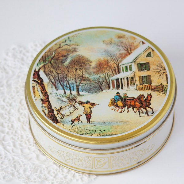 Vintage Tin Christmas Winter Scene Currier & Ives "American Homestead Winter"