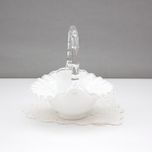 Vintage Fenton Silvercrest Ruffled Glass Brides Basket With Glass Handle