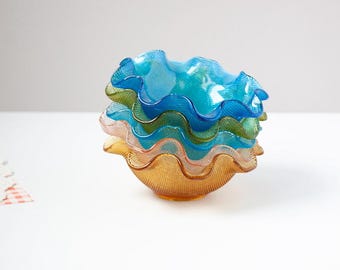 Vintage Colony Glass Ruffled Bowls Set of 5 | Colorful Lace Edge Pressed Glass Serving Dishes