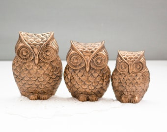 Vintage Owl Family Trio | Owls Figurines Cast Brass Finish Standing Or Hanging