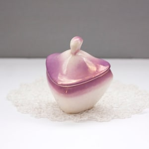 Vintage Art Deco Lidded Trinket Dish or Sugar Bowl, Triangle Shaped, Purple Orchid and White