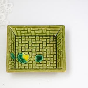 Vintage Pottery Trinket Tray Ring Dish Basket Weave Pattern With Ivy